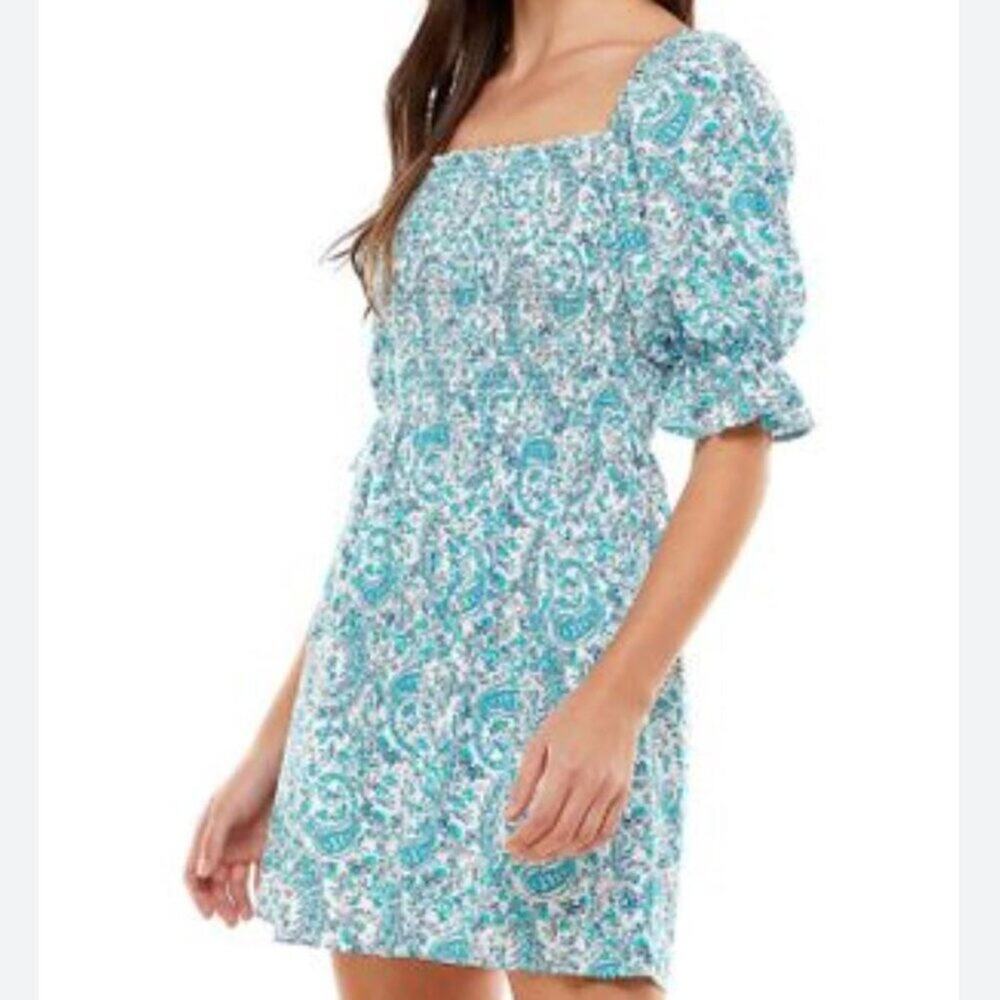 City Studio NWT Floral Blue Off-Shoulder Smocked Bodice Dress Medium